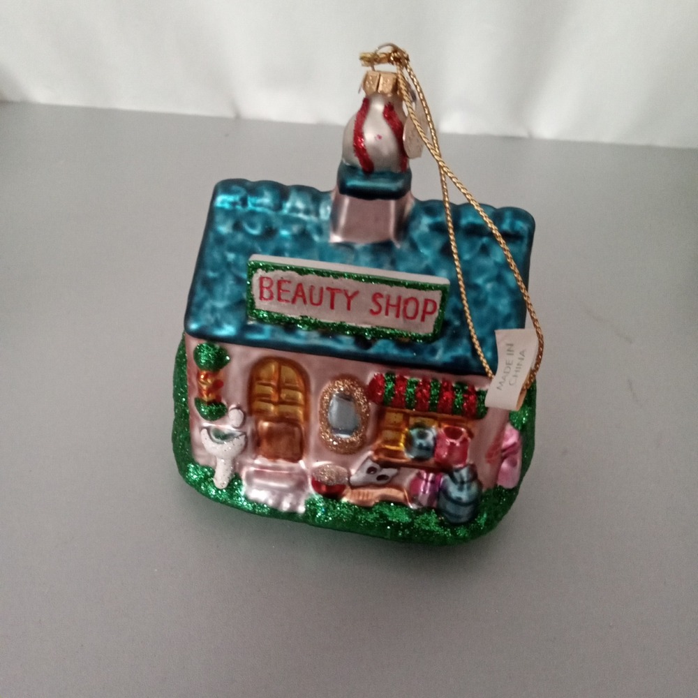 Bronners Glass Beauty Shop Christmas Ornament Pink Teal Salon House Retro